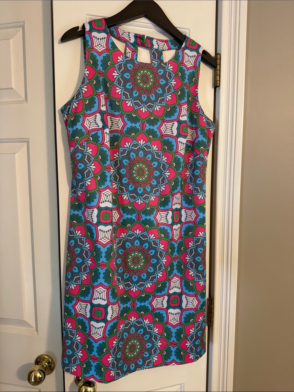 Sleeveless Midi Dress in Teal, Pink & White Medallion Print